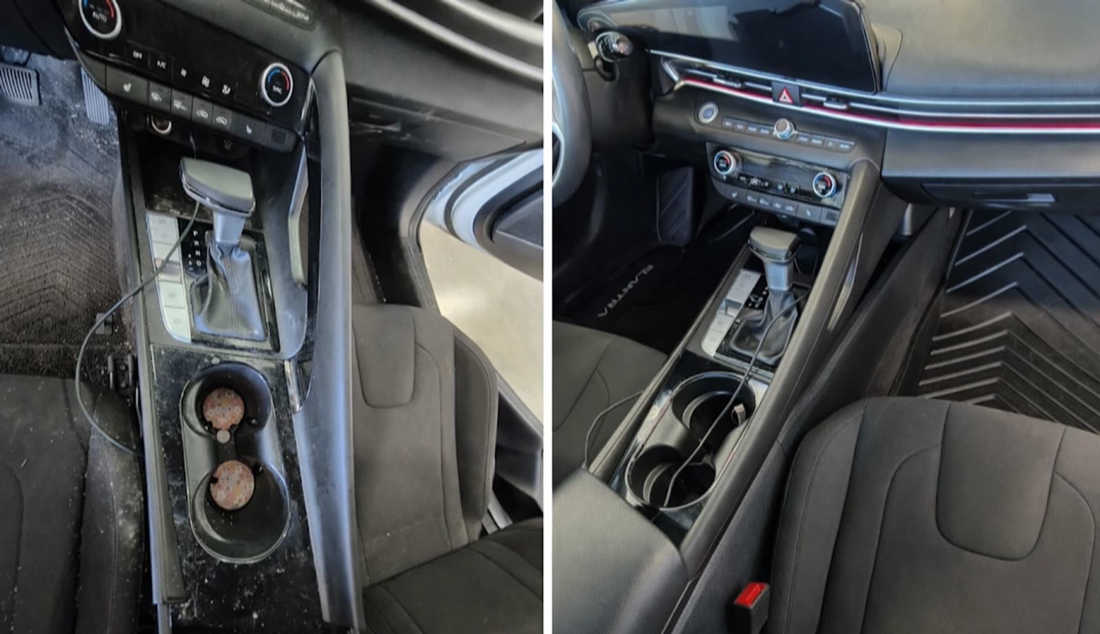 Before and after detailing a car center console — stained cup holders and dusty trim on the left, cleaned console and seats on the right