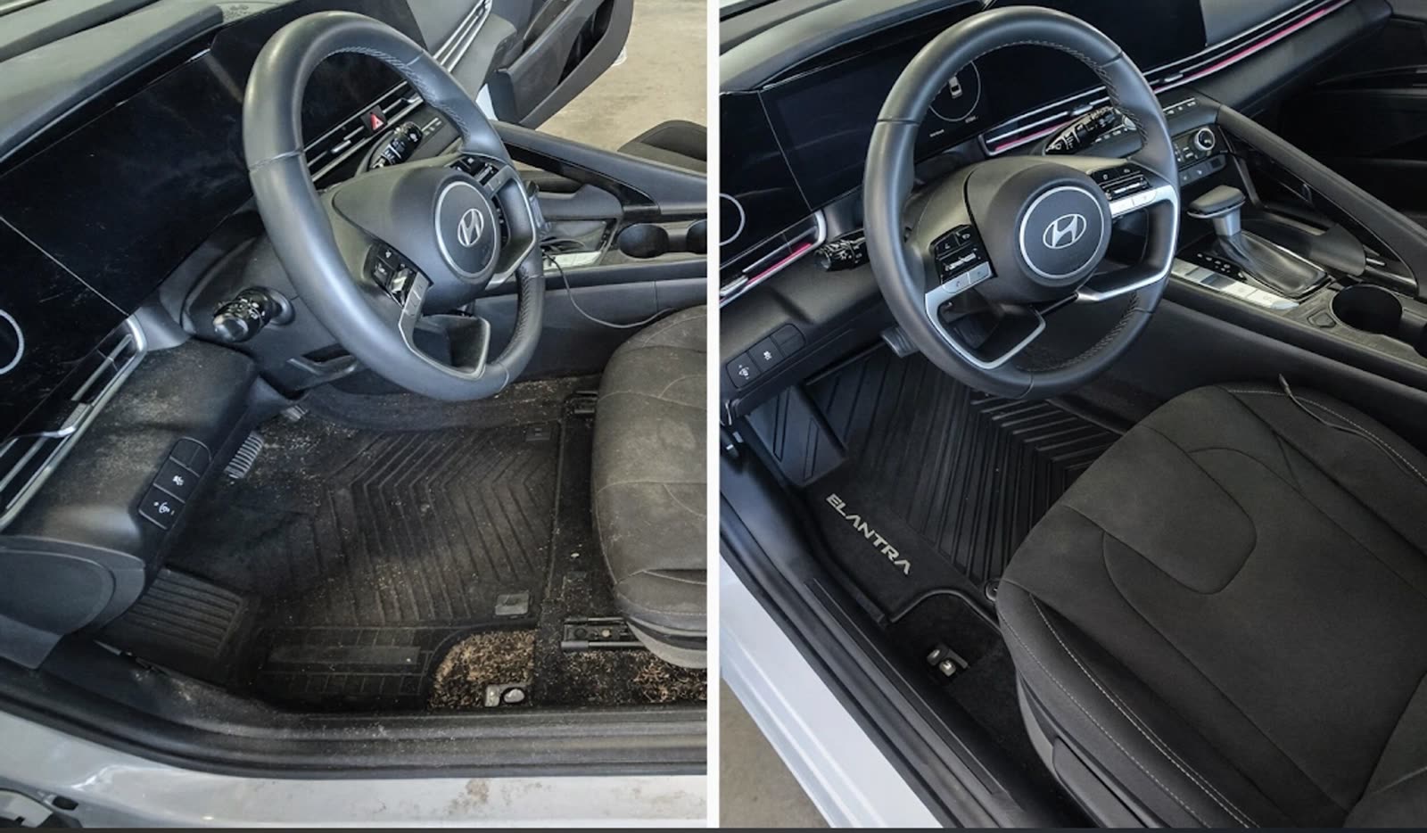 Before and after detailing a Hyundai Elantra interior — muddy floor mats and dirty carpets on the left, cleaned mats, carpet and dash on the right