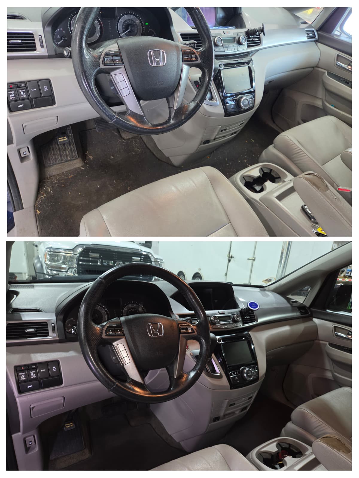 Before and after a family minivan interior detail — stained carpet and dirty seats on top, cleaned upholstery, carpet and console below