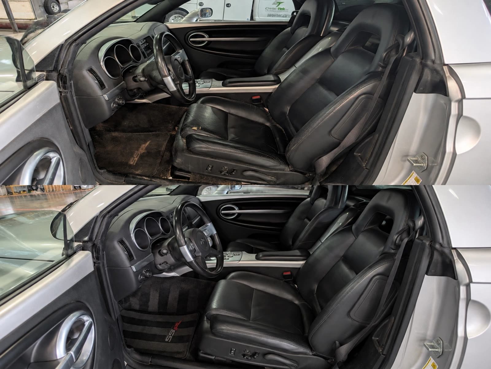 Before and after cleaning the leather interior of a convertible — dirty carpet and dull seats on top, cleaned carpet and conditioned black leather below